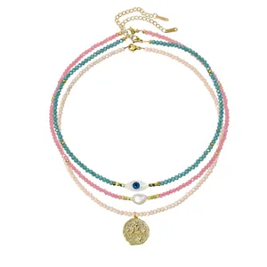Chic multi-layer beaded necklace set with evil eye pearl and coin pendant for women.
