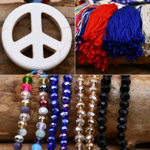 Handmade crystal beaded sweater chain necklace with peace symbol and colorful tassels for women.