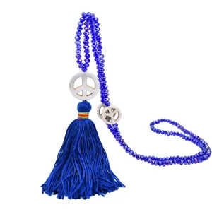 Handmade blue crystal beaded long sweater necklace with chic fabric tassel for women fashion accessories.