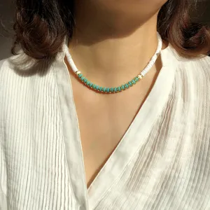 Trendy polymer clay short necklace turquoise and gold bead choker aesthetic jewelry piece