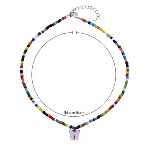 Colorful seed bead choker necklace with a cute pink butterfly pendant and extension chain.