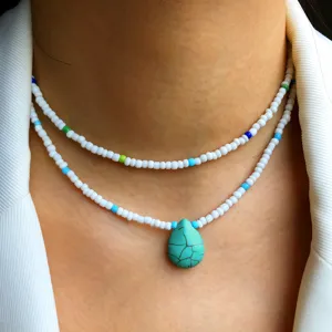 French retro teardrop turquoise double layer seed bead clavicle chain fashion jewelry for women
