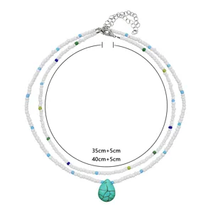 Double layer seed bead choker necklace with turquoise teardrop pendant for women summer style.