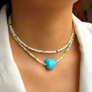 Collana girocollo a strati di perline colorate con pendente a cuore blu gioiello moda