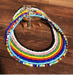 Colorful multi-layer seed bead choker necklace, detailed view of vibrant handmade beaded jewelry.