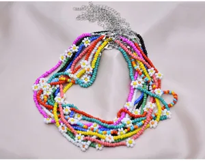 Bohemian colorful seed bead daisy layered necklace set handmade fashion jewelry for women