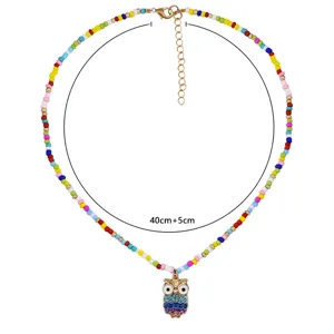 Colorful seed bead choker necklace with cute owl pendant, short clavicle chain for summer wear.