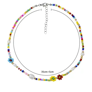 Colorful seed bead necklace with pearls and cute flowers, dopamine style summer choker.