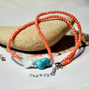 Colorful beaded choker necklace with shell heart and turquoise stone for women summer jewelry