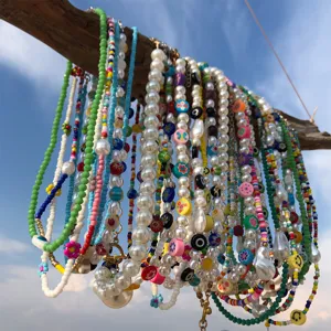 Summer dopamine colorful seed bead pearl necklace flower choker jewelry for women wholesale gift