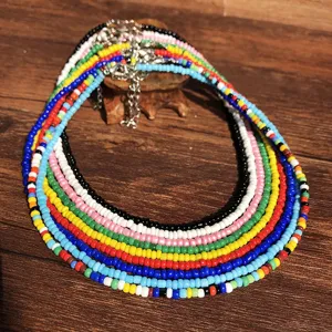 Colorful seed bead choker necklace layered multi-color beaded collar necklace for women summer.