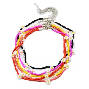 Colorful seed bead flower choker necklace, summer dopamine aesthetic jewelry for women.