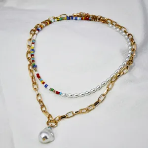 Collana con catena spessa di perle multistrato perle colorate fatte a mano gioiello estivo