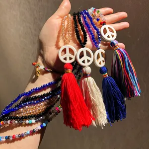 Handmade Beaded Artificial Crystal Long Tassel Necklace Vintage Ethnic Peace Sign Pendant Sweater Chain For Women Jewelry Accessory