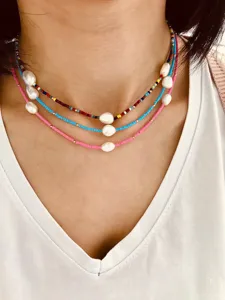 Böhmische mehrlagige Saatperlen Choker Halskette mit Süßwasserperlen Damen Sommer
