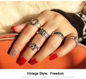Vintage silver rings set open adjustable multi-style finger rings for women daily wear