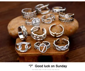 Vintage Thai silver open rings set for women, retro punk carved hollow geometric finger jewelry.
