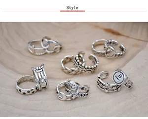 Vintage Thai silver open rings set with star chain and smiley face designs for women.