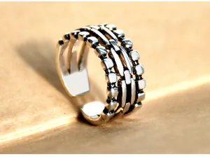 Retro vintage Tibetan silver open ring for women, hollow multi-layer geometric statement jewelry.