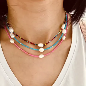 Handgefertigte Bohemian Bunte Glas Seed Beads Halskette Für Damen Mit Künstlicher Perle Sommer Strand Choker Kette Schmuck