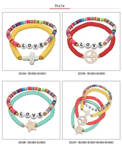 Colorful polymer clay disc bead bracelets set with love letter beads and stone star pendants