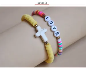 Colorful polymer clay beaded bracelet set for women, featuring love letters and cross charm.