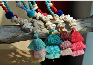 Bohemian colorful tassel beaded necklace with shells and turquoise for women beach vacation.