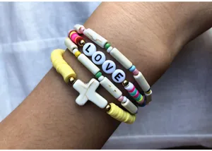 Colorful polymer clay slice beaded bracelet stack with love charm for women daily wear