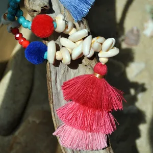 Handmade colorful tassel beaded necklace boho beach style shell turquoise pendant jewelry.