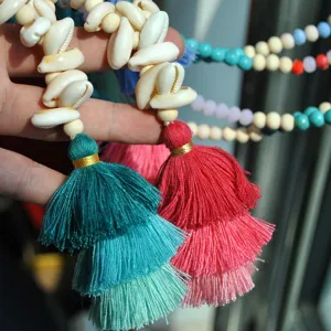 Boho handmade shell wooden bead layered tassel necklace beach vacation jewelry accessory
