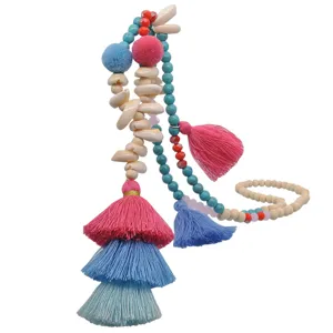Bohemian colorful tassel beaded long necklace with shells turquoise and wooden beads for beach.