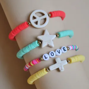 Colorful Heishi Polymer Clay Bracelet Turquoise Star Peace Sign LOVE Lettering Beaded Bracelet For Women Summer Beach Jewelry Gift