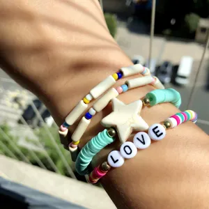 Colorful polymer clay bead bracelet set with turquoise star and love letter charms for women