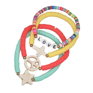 Colorful polymer clay heishi bead stack bracelets with love letter charms for women.