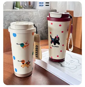 Edelstahl isolierter Kaffeebecher, süßes Cartoon-Muster Reise-Wasserflasche mit tragbarem Gurt.
