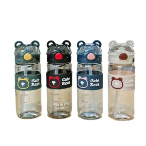 Niedliche Bär Trinkhalm Wasserflasche tragbare Plastikbecher 650ml Push-Deckel neu