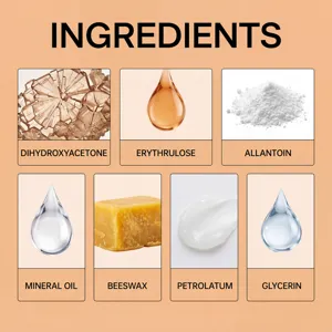 Gedetailleerd overzicht met ingrediënten zoals dihydroxyacetone voor de zelfbruiner pleisters.