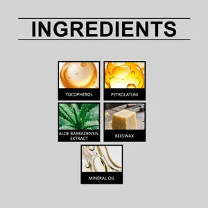 Detaillierte Infografik mit wichtigen Inhaltsstoffen wie Tocopherol, Petrolatum und Aloe.