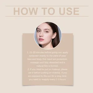 Guide d'utilisation détaillé montrant comment appliquer la crème solaire visage et corps.