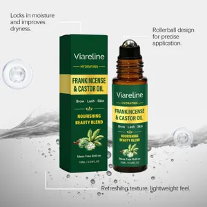 Detailansicht der Viareline Weihrauch und Rizinusöl Roll-on Flasche und Verpackung.