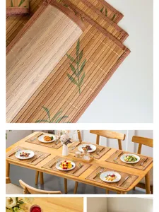Nahaufnahme von Bambus-Platzdeckchen mit Blattmuster und geflochtenen Kanten auf Tisch.