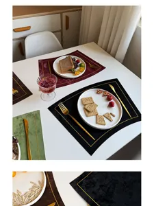 Detail view of velvet fan-shaped placemat with gold border, waterproof leather table mat.