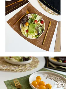 Exquisite detail shot of waterproof leather placemats paired with golden cutlery and fresh food.