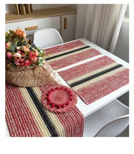 Geweven papieren touw placemat tafelloper set, vintage gestreepte decoratieve tafelmat.