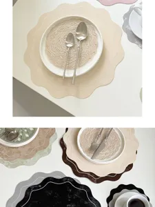 Gedetailleerde fluwelen lederen placemat met schulprand, luxe tafeldecoratie en isolatie.