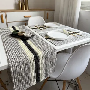 Rustieke papieren touw geweven tafelloper en set, retro gestreept ontwerp voor eettafel decoratie.