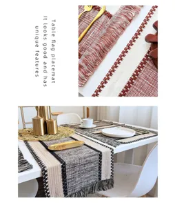 Runner da tavola e tovaglietta in cotone e lino con frange, stile rustico a righe.