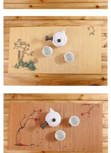 Vista dettagliata del tappetino da tè in bamboo cinese tradizionale con eleganti stampe floreali.