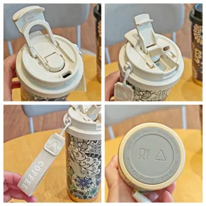 Taza de café de viaje bohemia con pajita y asa, termo de acero inoxidable al vacío para uso diario.
