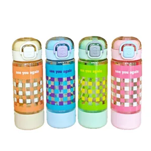 Colorful student straw water bottle portable plastic cup with double drinking design